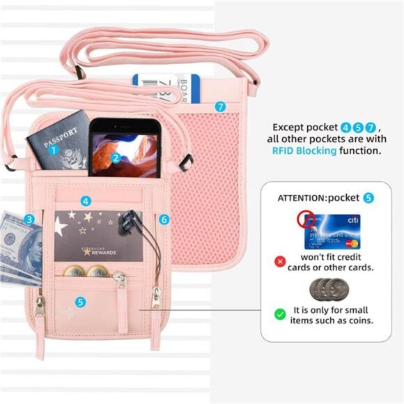 Passport Holder Neck Pouch Travel Wallet for Women and Men, RFID Blocking - Picture 6 of 7